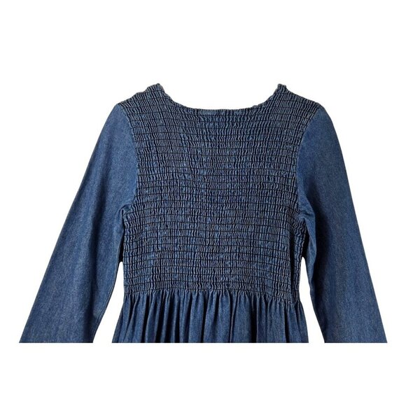 VTG Blue Denim Dress Midi Smocked Bodice High Waist Rhinestones Sz M Bossy - Picture 9 of 9